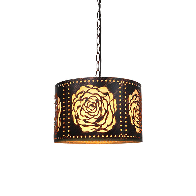 Antiqued Bronze 1-Light Drum-Shaped Pendant Ceiling Light with Rustic Metal Cutouts and Rose/Scrollwork Design