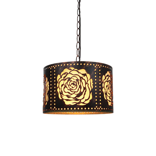 Rustic Bronze Drop Pendant With Rose & Scrollwork Cutouts - 1-Light Drum-Shaped Ceiling Light