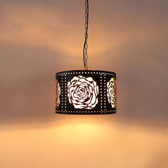 Antiqued Bronze 1-Light Drum-Shaped Pendant Ceiling Light with Rustic Metal Cutouts and Rose/Scrollwork Design