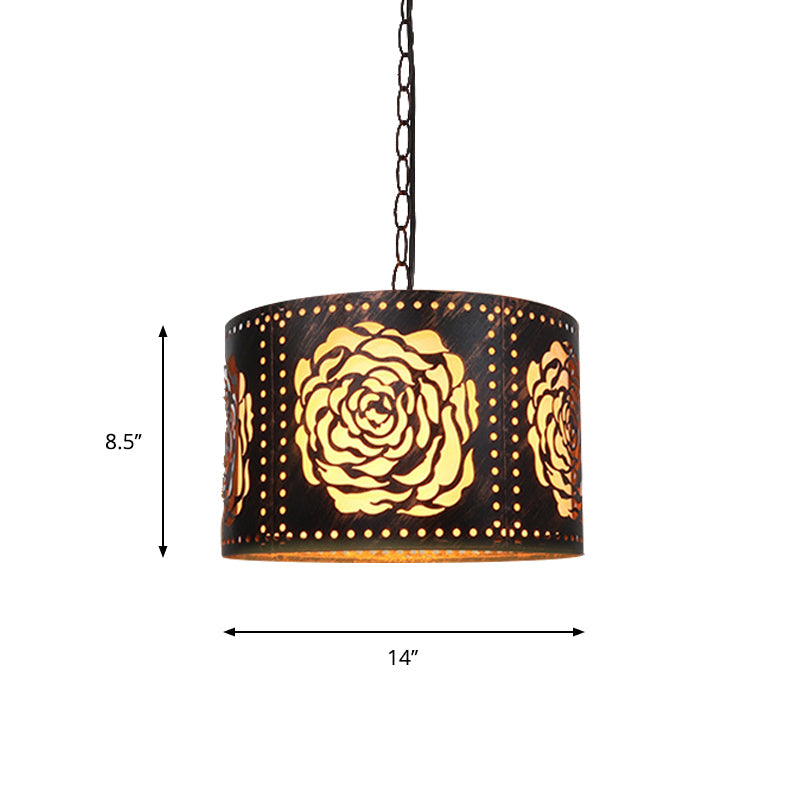 Antiqued Bronze 1-Light Drum-Shaped Pendant Ceiling Light with Rustic Metal Cutouts and Rose/Scrollwork Design