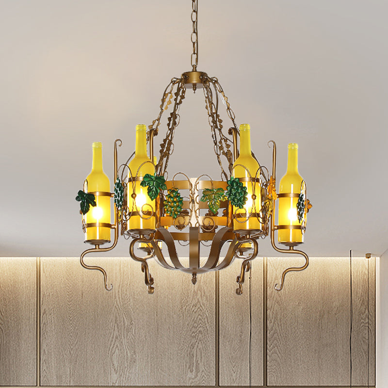 Yellow Glass 6-Light Wine Bottle Chandelier - Industrial Brass Pendant Lighting Fixture