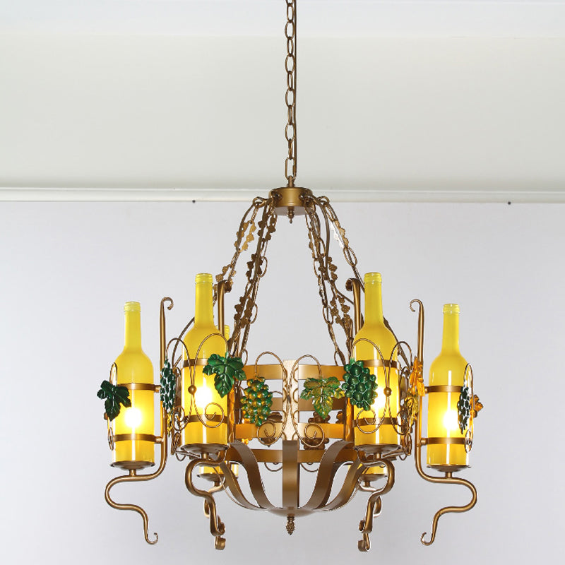 Bistro Chandelier Light - Industrial Yellow Glass - 6-Light - Antiqued Brass Pendant