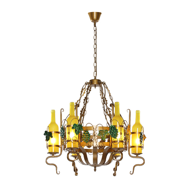 Bistro Chandelier Light - Industrial Yellow Glass - 6-Light - Antiqued Brass Pendant