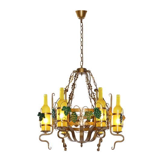 Bistro Chandelier Light - Industrial Yellow Glass - 6-Light - Antiqued Brass Pendant