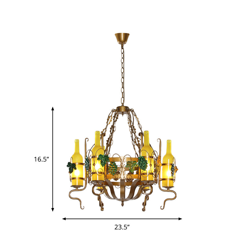 Yellow Glass 6-Light Wine Bottle Chandelier - Industrial Brass Pendant Lighting Fixture