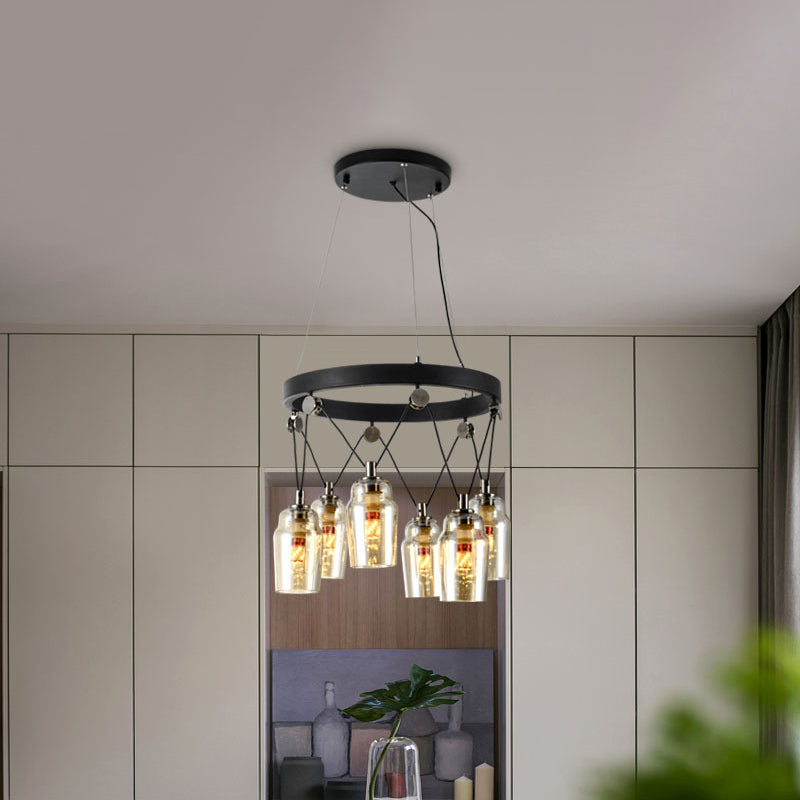 6-Light Cocktail Shaker Chandelier: Loft Black with Clear Glass Suspension Pendant Light