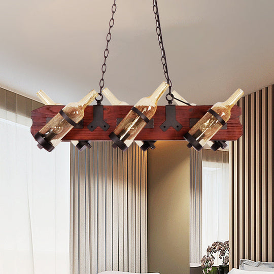 4/6-Head Island Lamp: Frosted White/Amber Glass Suspended Lighting With Brown Wood Arm 6 / Amber