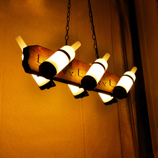 4/6-Head Island Lamp: Frosted White/Amber Glass Suspended Lighting With Brown Wood Arm 6 / White