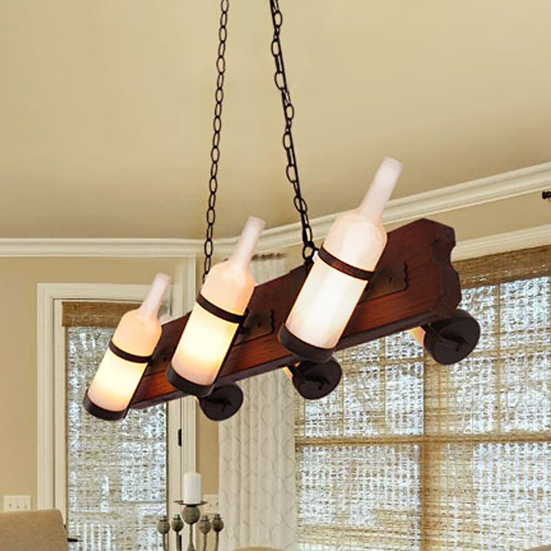 4/6-Head Island Lamp: Frosted White/Amber Glass Suspended Lighting With Brown Wood Arm