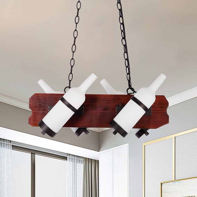 4/6-Head Island Lamp: Frosted White/Amber Glass Suspended Lighting With Brown Wood Arm