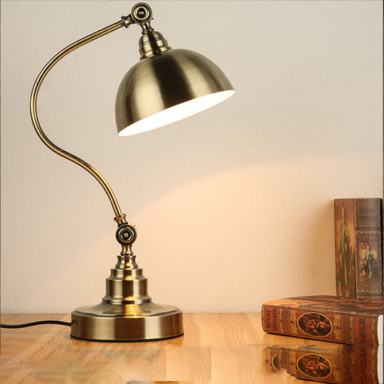 Antique Gold Night Lamp With Adjustable Joint And Curved Arm - Vintage Table Light Metal Bowl Shade