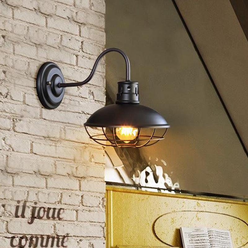 Industrial Style 1-Light Bistro Sconce Wall Light - Wide Bowl Iron Lamp With Bottom Wire Cage In