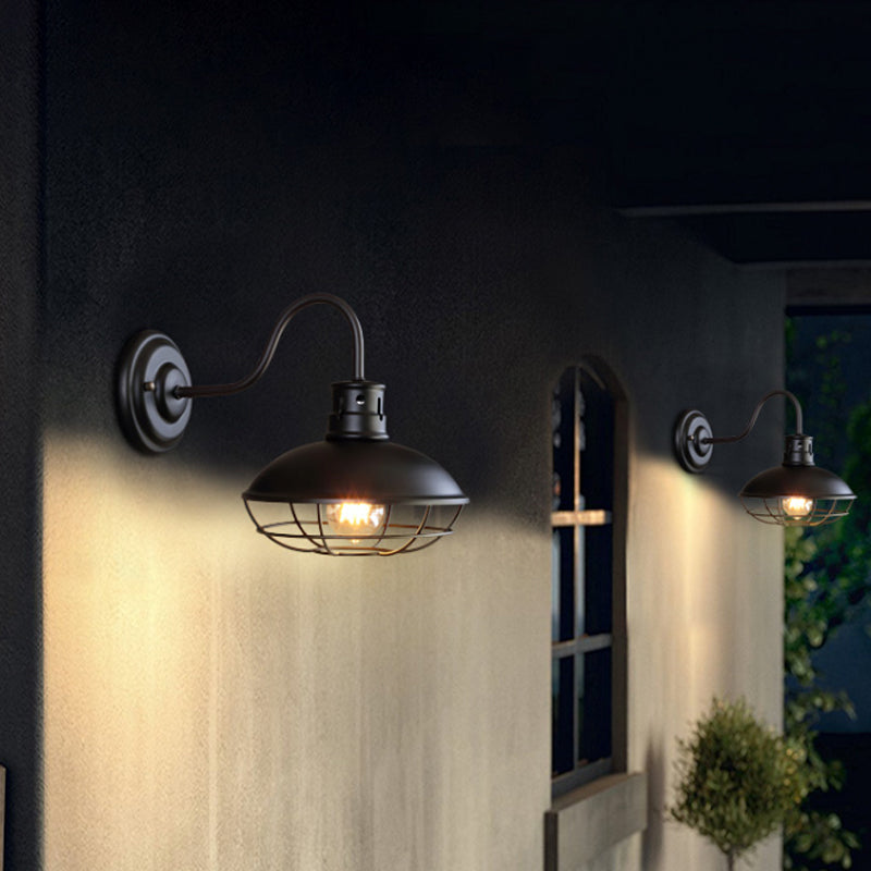 Industrial Style 1-Light Bistro Sconce Wall Light - Wide Bowl Iron Lamp With Bottom Wire Cage In