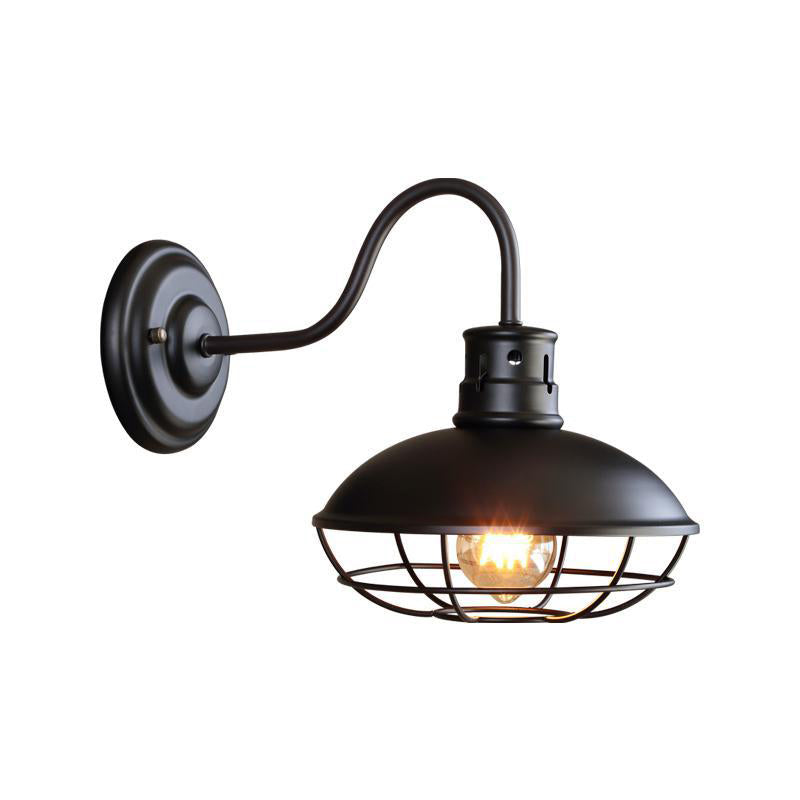 Industrial Style 1-Light Bistro Sconce Wall Light - Wide Bowl Iron Lamp With Bottom Wire Cage In