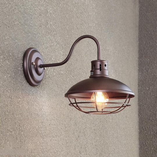 Industrial Style 1-Light Bistro Sconce Wall Light - Wide Bowl Iron Lamp With Bottom Wire Cage In