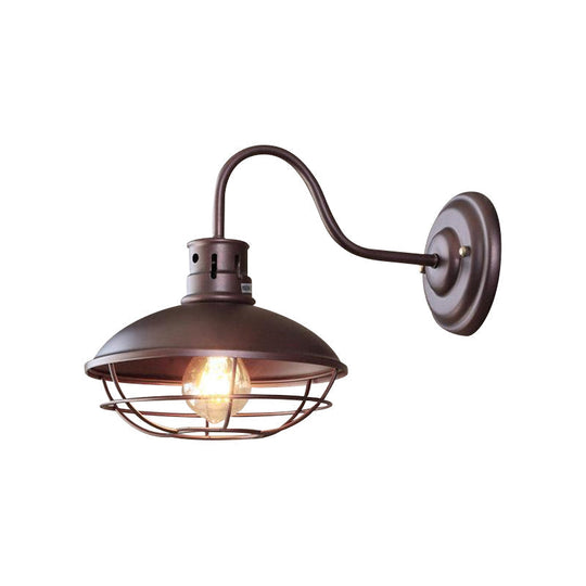 Industrial Style 1-Light Bistro Sconce Wall Light - Wide Bowl Iron Lamp With Bottom Wire Cage In