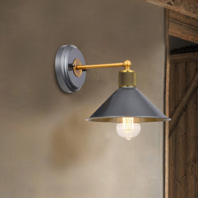 Blue-Grey Aluminum Conic Wall Light Fixture With Brass Arm - 1 Head Sconce Lamp For Living Room