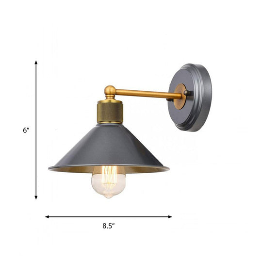 Blue-Grey Aluminum Conic Wall Light Fixture With Brass Arm - 1 Head Sconce Lamp For Living Room