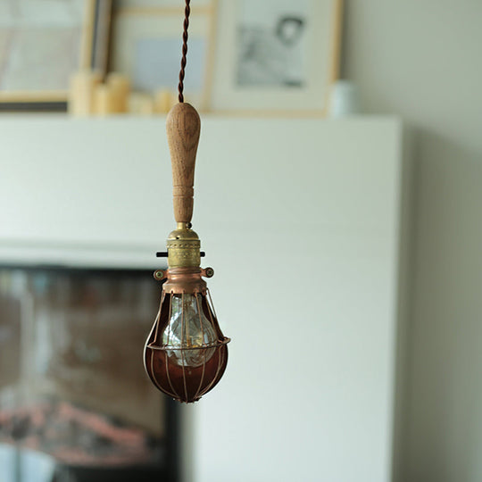 Rustic Bulb-Shaped Mini Hanging Light Pendant with Cage Guard - 1 Head, Wood Down Lighting