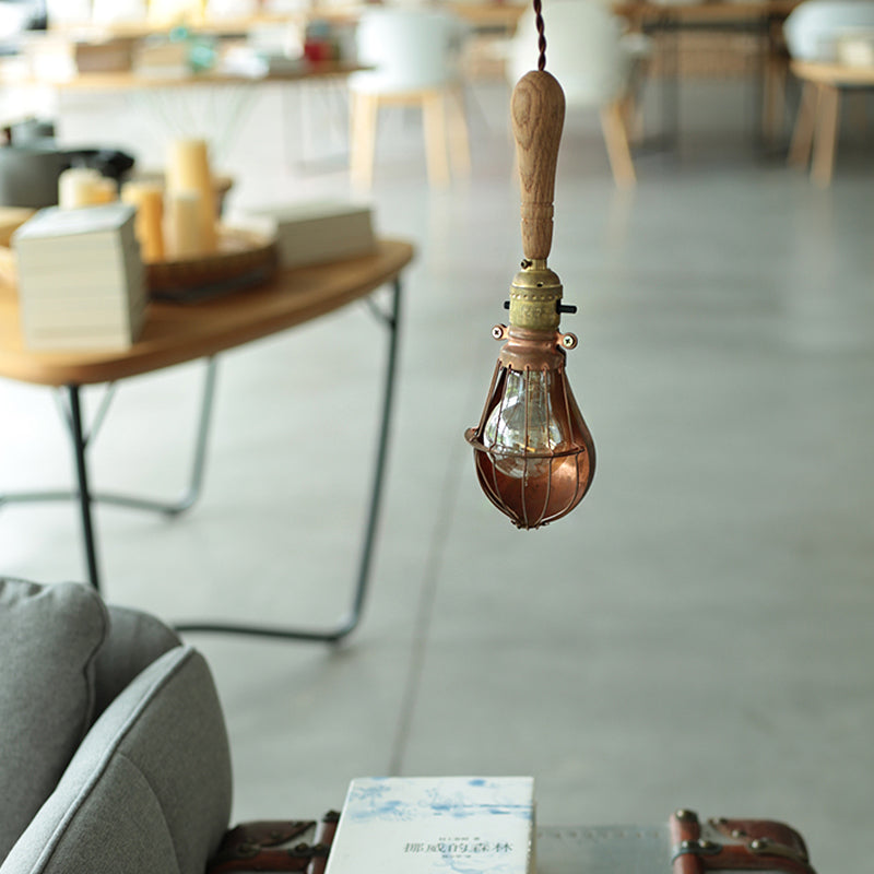 Rustic Bulb-Shaped Mini Hanging Light Pendant with Cage Guard - 1 Head, Wood Down Lighting