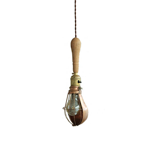 Rustic Bulb-Shaped Mini Hanging Light Pendant with Cage Guard - 1 Head, Wood Down Lighting