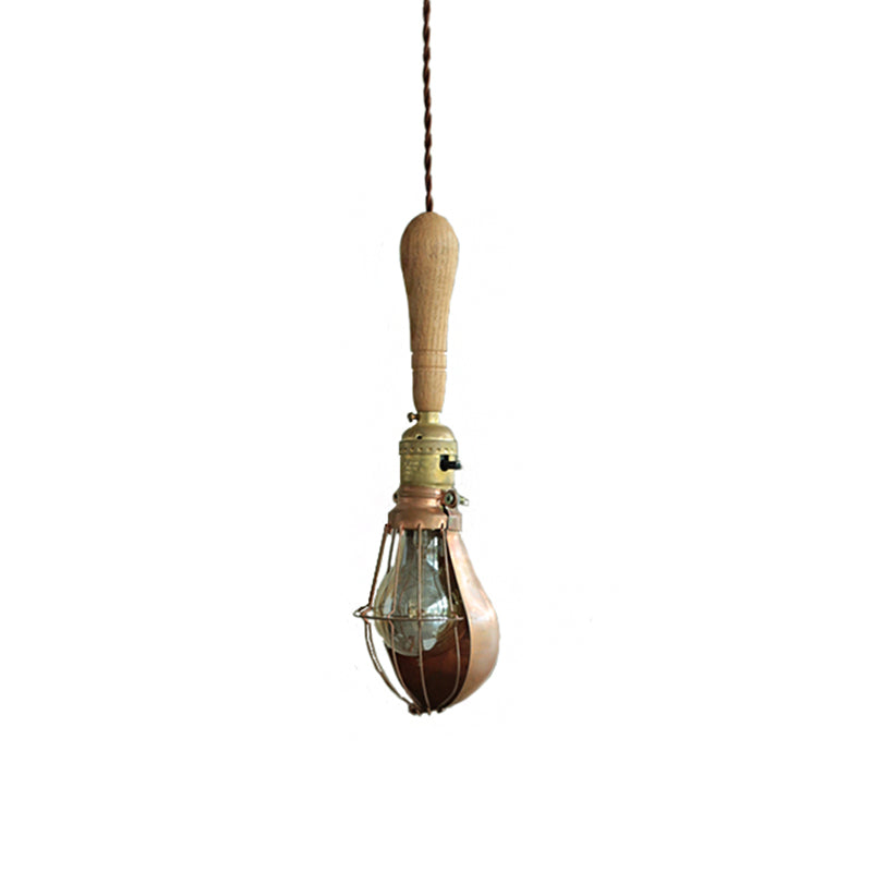 Rustic Bulb-Shaped Mini Hanging Light With Wood Down Lighting Pendant And Cage Guard