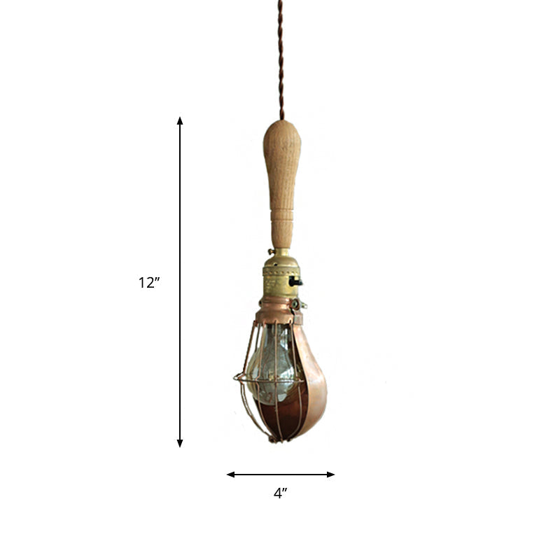 Rustic Bulb-Shaped Mini Hanging Light Pendant with Cage Guard - 1 Head, Wood Down Lighting