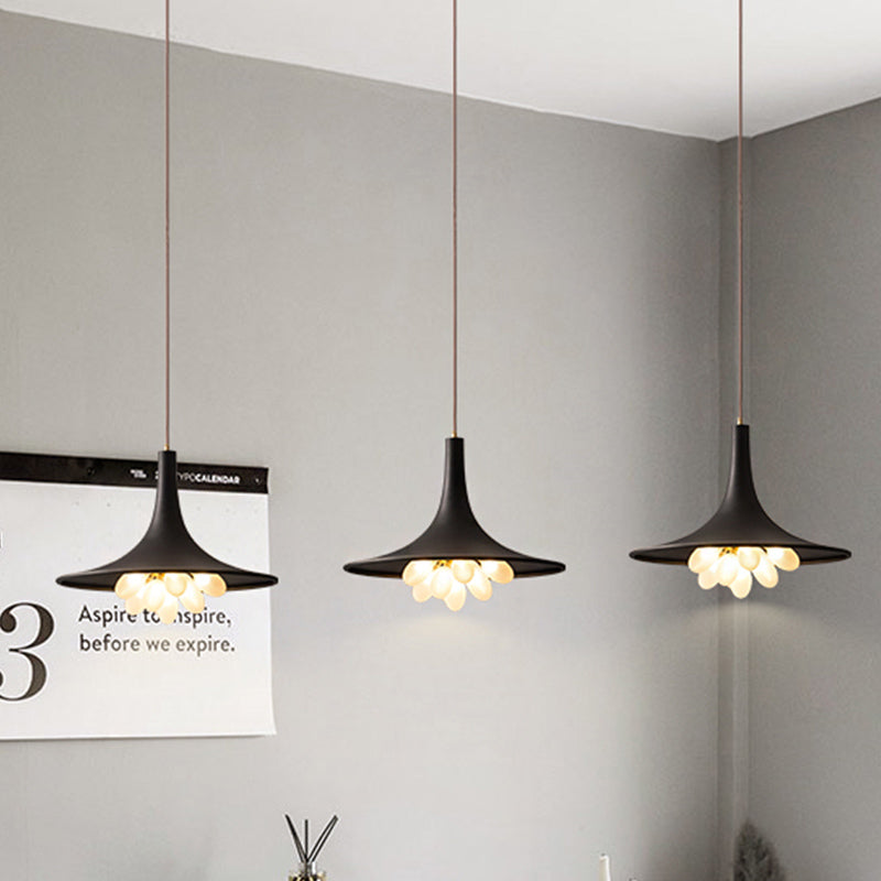 Industrial Black Iron Pendant Chandelier With Frosted Glass Shade - Wide Flared Style For Dining