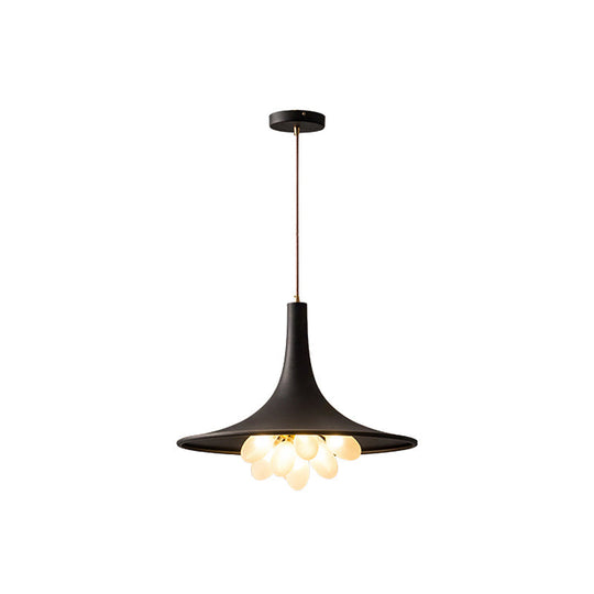 Industrial Black Iron Pendant Chandelier with Wide Flared Shade – Grapes Frosted Glass – Dining Room Hanging Lamp