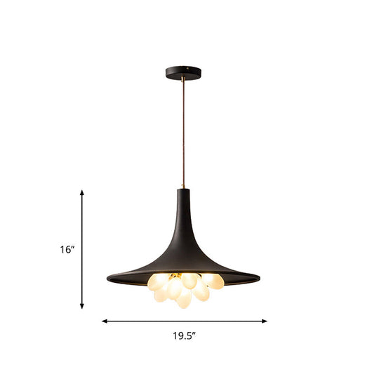 Industrial Black Iron Pendant Chandelier With Frosted Glass Shade - Wide Flared Style For Dining