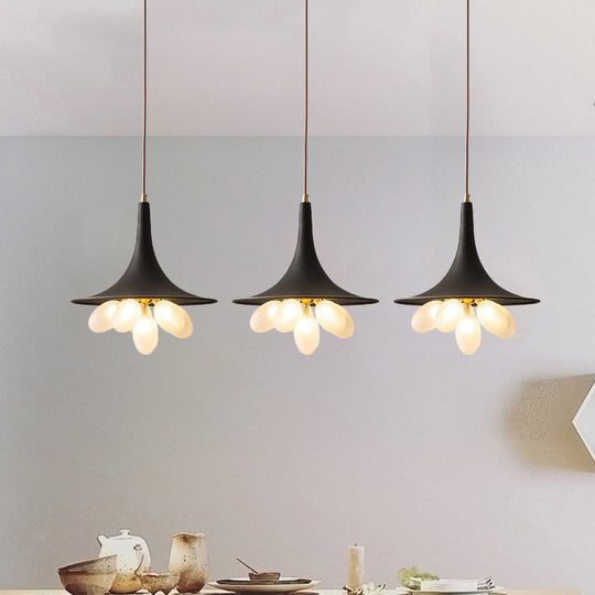 Industrial Black Iron Pendant Chandelier With Frosted Glass Shade - Wide Flared Style For Dining