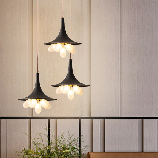 Industrial Black Iron Pendant Chandelier With Frosted Glass Shade - Wide Flared Style For Dining