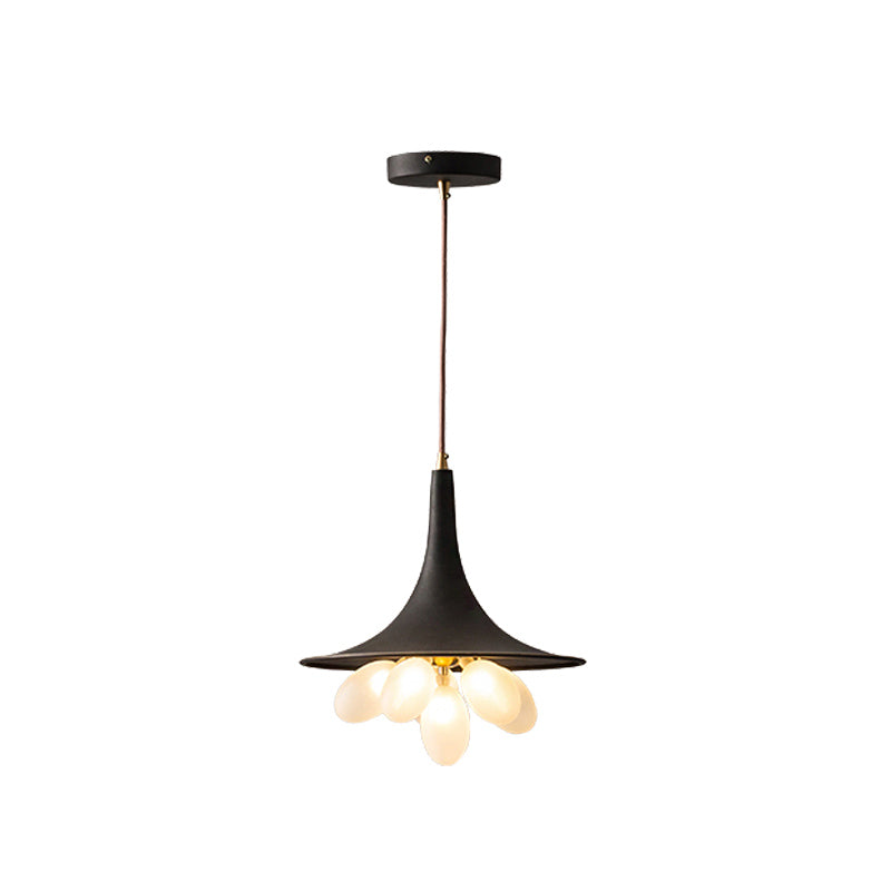 Industrial Black Iron Pendant Chandelier with Wide Flared Shade – Grapes Frosted Glass – Dining Room Hanging Lamp