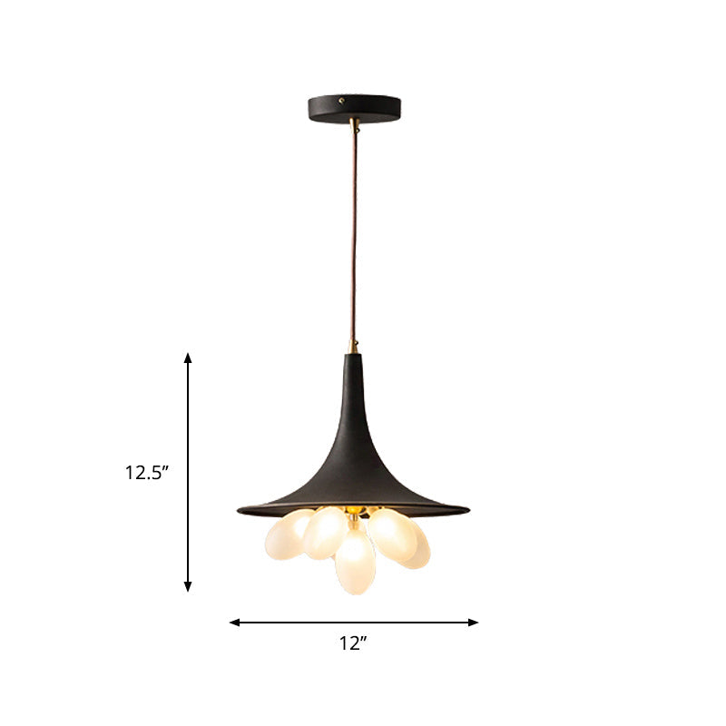 Industrial Black Iron Pendant Chandelier With Frosted Glass Shade - Wide Flared Style For Dining