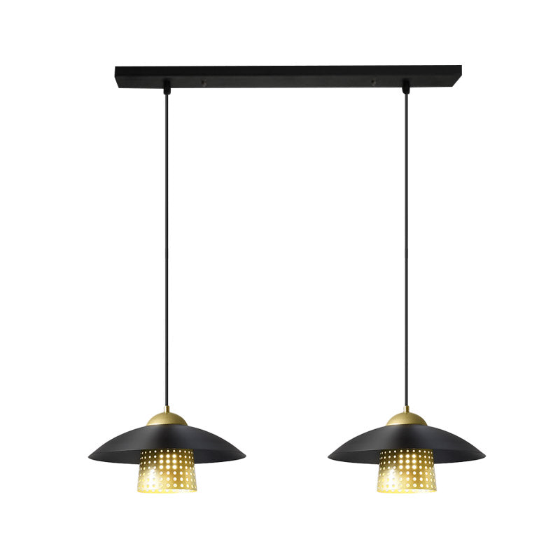 Farmhouse Saucer Pendant Lamp - 2-Light Black/White/Gold Metallic Suspension with Pierced Bell Insert