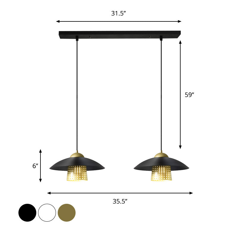 Farmhouse Saucer Pendant Lamp - 2-Light Black/White/Gold Metallic Suspension with Pierced Bell Insert