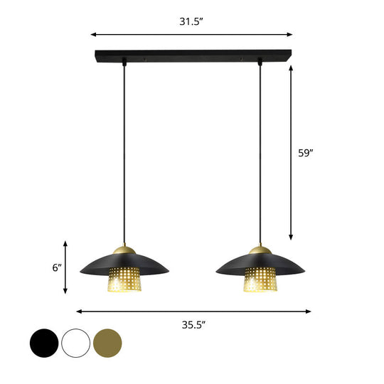 Farmhouse Saucer Pendant Lamp - 2-Light Black/White/Gold Metallic Suspension with Pierced Bell Insert