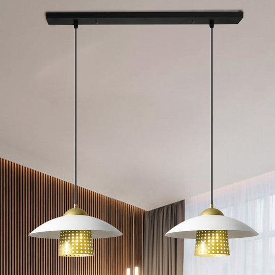 Farmhouse Saucer Pendant Lamp - 2-Light Black/White/Gold Metallic Suspension with Pierced Bell Insert