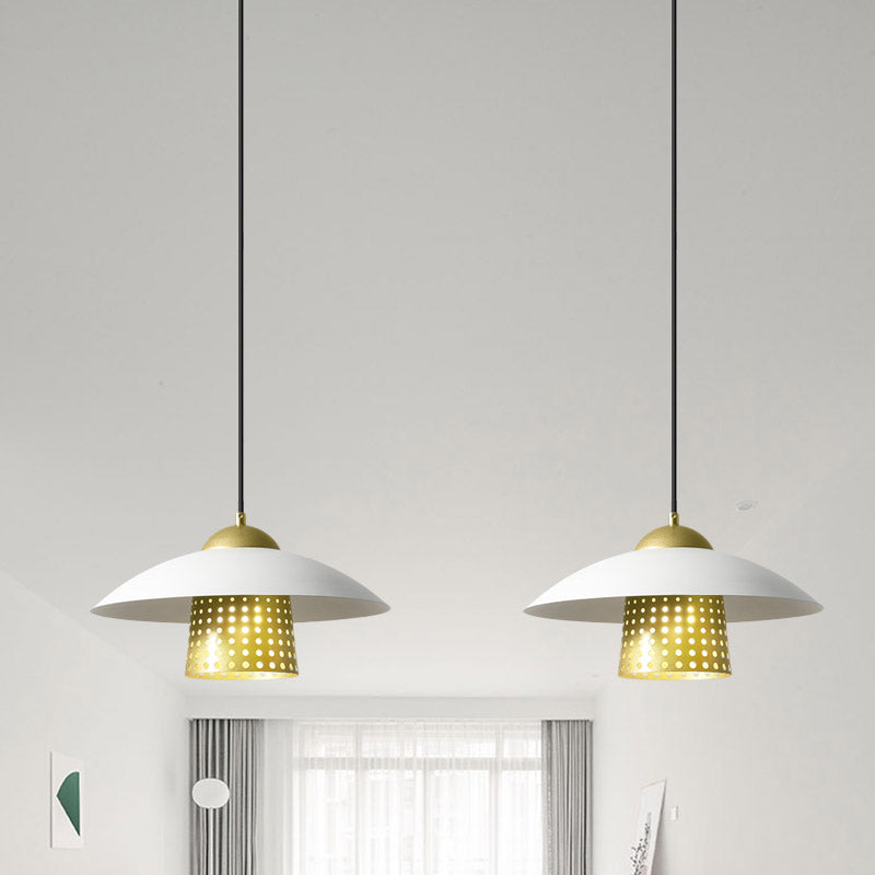 Farmhouse Saucer Pendant Lamp - 2-Light Black/White/Gold Metallic Suspension with Pierced Bell Insert