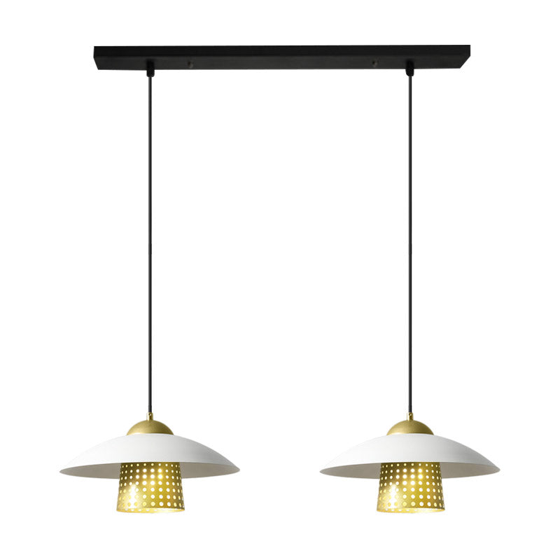 Farmhouse Saucer Pendant Lamp - 2-Light Black/White/Gold Metallic Suspension with Pierced Bell Insert