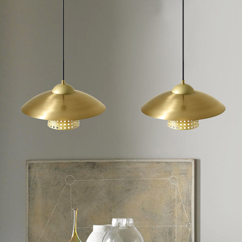 Farmhouse Saucer Pendant Lamp - 2-Light Black/White/Gold Metallic Suspension with Pierced Bell Insert