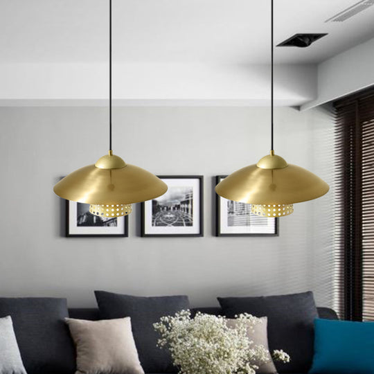 Farmhouse Saucer Pendant Lamp - 2-Light Black/White/Gold Metallic Suspension with Pierced Bell Insert