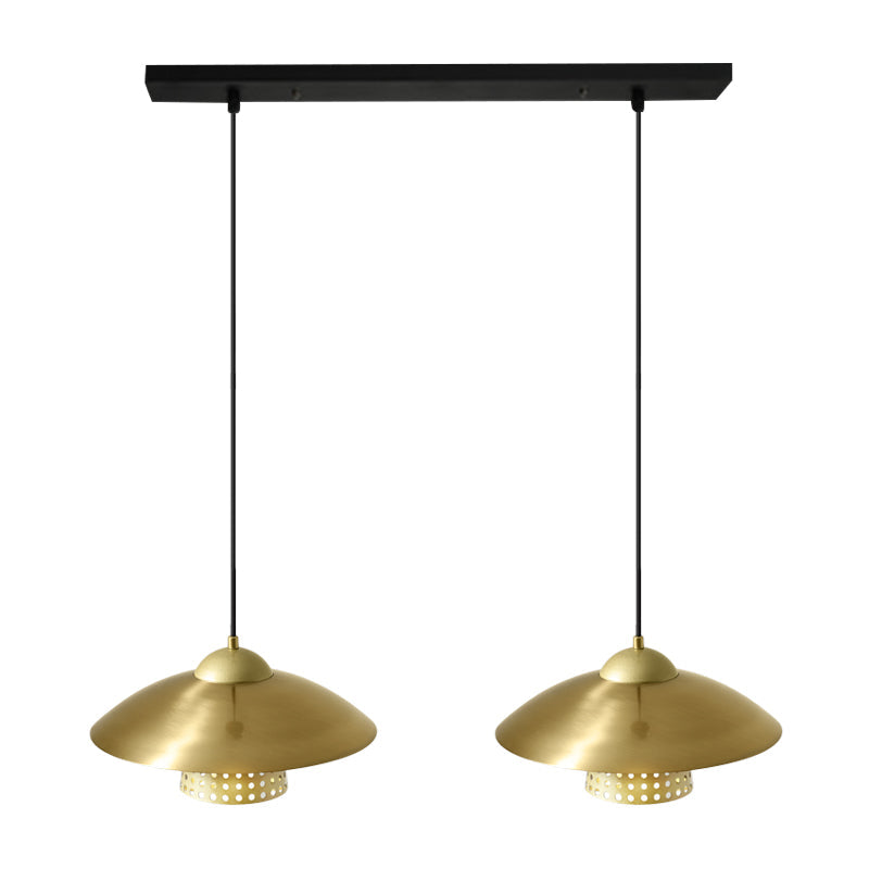 Farmhouse Saucer Pendant Lamp - 2-Light Black/White/Gold Metallic Suspension with Pierced Bell Insert