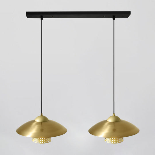 Farmhouse Saucer Pendant Lamp - 2-Light Black/White/Gold Metallic Suspension with Pierced Bell Insert