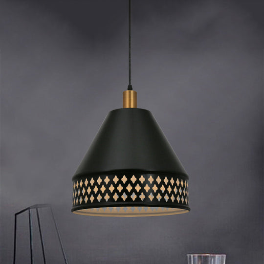 Industrial Taper Ceiling Pendant Lamp - Single Bulb Iron Hanging Light Kit - Black with Cutout Edge