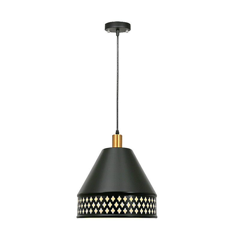 Industrial Taper Ceiling Pendant Lamp - Single Bulb Iron Hanging Light Kit - Black with Cutout Edge