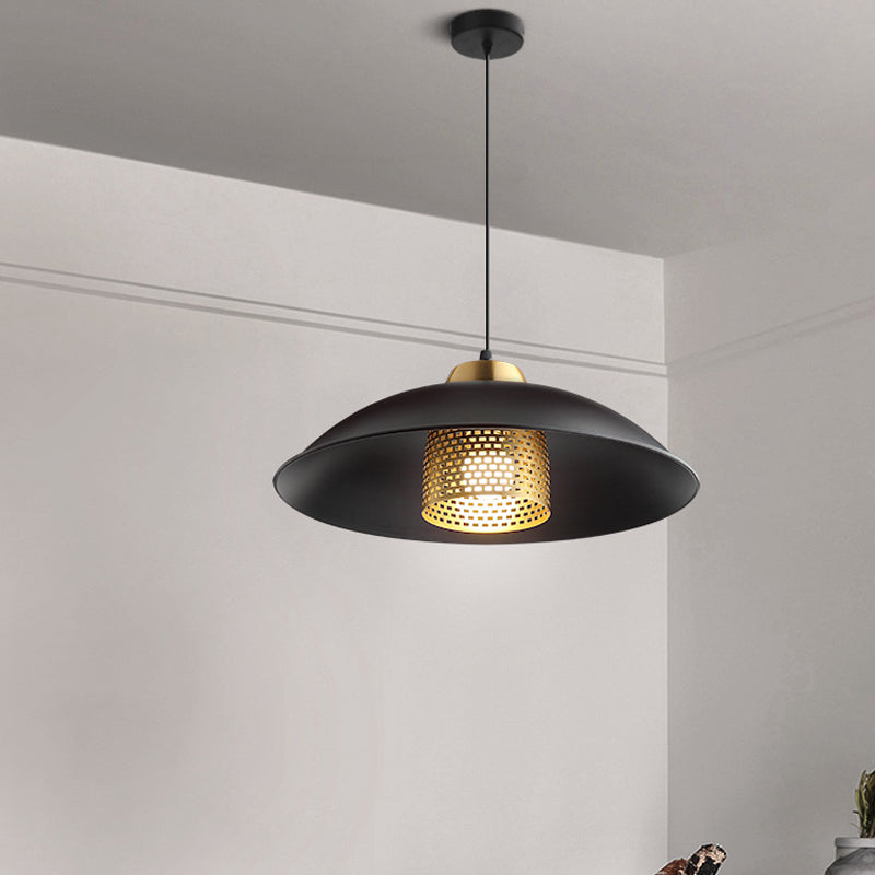 1 Head Shallow Bowl Pendant - Black Iron Factory Style Ceiling Hanging Light With Brass Mesh Screen