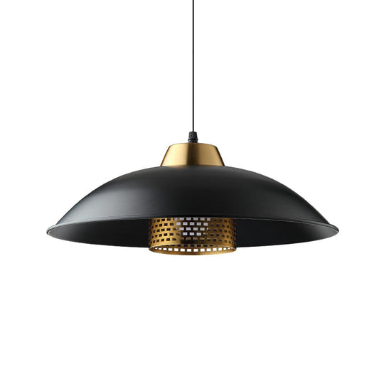 Factory Style Black Iron Ceiling Pendant Light with Brass Mesh Screen Inside - Shallow Bowl Head Design