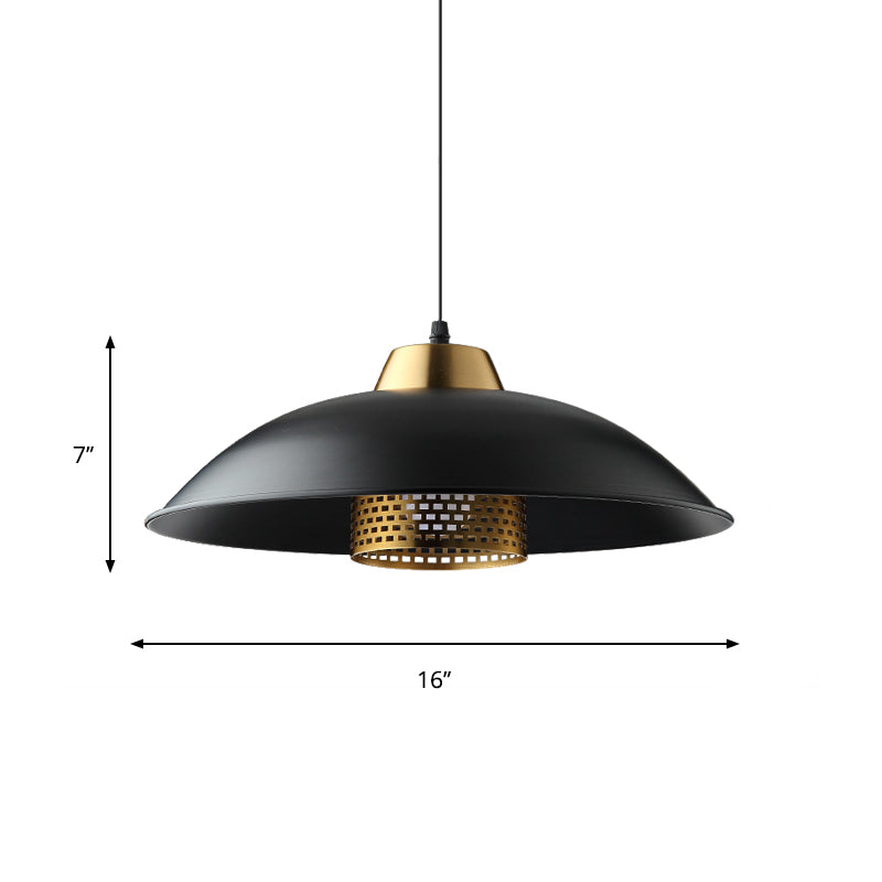 Factory Style Black Iron Ceiling Pendant Light with Brass Mesh Screen Inside - Shallow Bowl Head Design