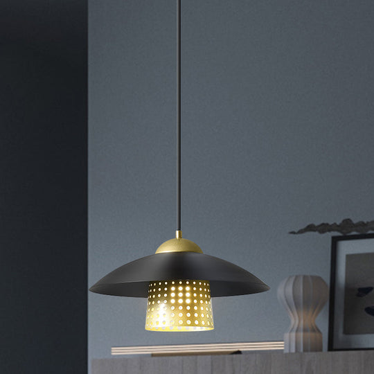 Commercial Pendant Light With Retro Mesh Cloche Design And Saucer Cap - Black/White/Gold Black